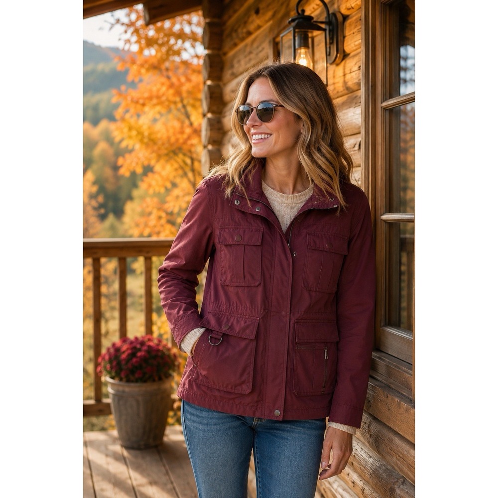 Travelsmith Womens 1X Burgundy Utility Travel Safari Jacket Multi Pocket Nylon